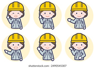 This is an illustration of a pose set of a female construction worker.