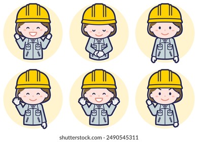 This is an illustration of a pose set of a female construction worker.