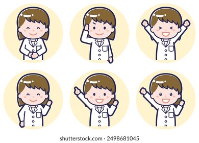 This is an illustration of a pose set of a female pharmacist.