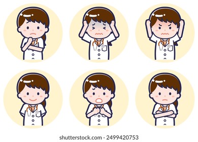 This is an illustration of a pose set of a female doctor wearing short sleeves.