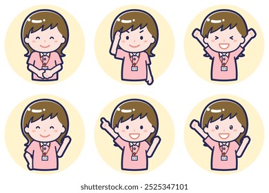 This is an illustration of a pose set of a female caregiver.