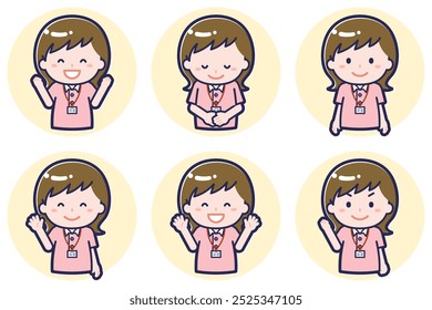 This is an illustration of a pose set of a female caregiver.