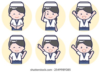 Dies ist eine Illustration eines Pose-Sets einer weiblichen Sushi-Koch.