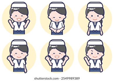 This is an illustration of a pose set of a female sushi chef.