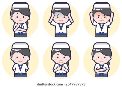 This is an illustration of a pose set of a female sushi chef.