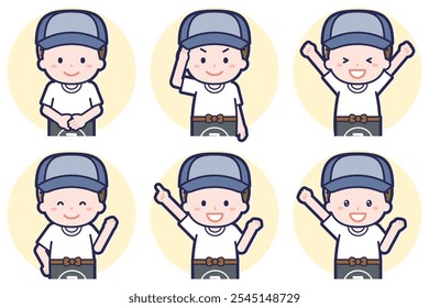 This is an illustration of a pose set of a greengrocer's man.