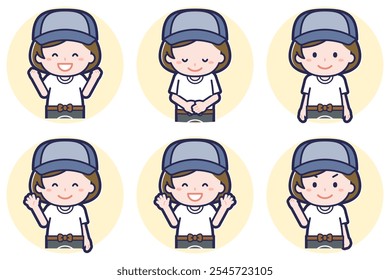 This is an illustration of a pose set of a greengrocer's woman.