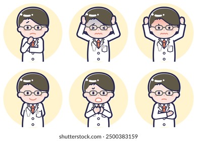 This is an illustration of a pose set of a long-sleeved male doctor.