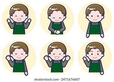 This is an illustration of a pose set of a male cafe clerk.