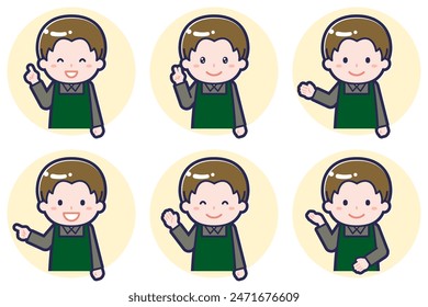 This is an illustration of a pose set of a male cafe clerk.