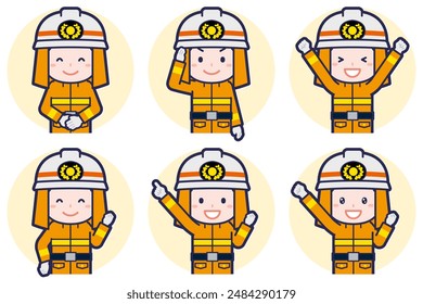 This is an illustration of a pose set of a male firefighter.