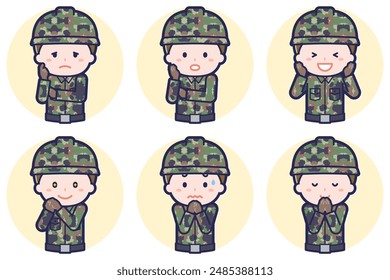 This is an illustration of a pose set of a male Self-Defense Force member.