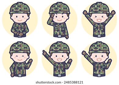This is an illustration of a pose set of a male Self-Defense Force member.