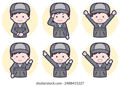 This is an illustration of a pose set of a male factory worker.