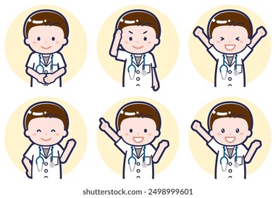 This is an illustration of a pose set of a male doctor wearing short sleeves.