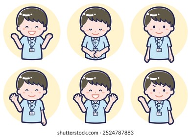 This is an illustration of a pose set of a male caregiver.