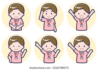 This is an illustration of a pose set of a male caregiver.