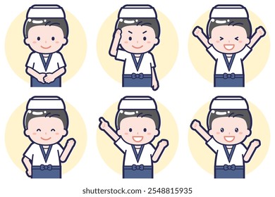 This is an illustration of a pose set of a male sushi chef.