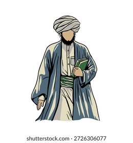 Esta ilustração apresenta uma coleção de personagens históricos estilizados do Oriente Médio representados em um estilo de arte vetorial limpo. A obra de arte apresenta várias figuras masculinas vestindo roupas tradicionais, como turbantes, vestes, mantos e faixas, estudiosos e figuras nobres de culturas islâmicas e do Oriente Médio antigas ou medievais.
