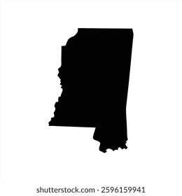 This illustration presents the distinctive outline of Mississippi state in solid black. The design highlights the unique shape of the state, suitable for various creative projects.