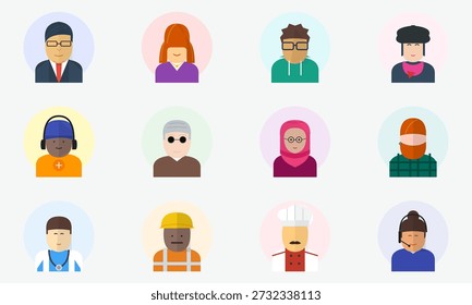 Esta ilustración presenta un grupo diverso de individuos que representan diversas ocupaciones, mostrando a personas con diferentes atuendos y estilos. Cada personaje tiene características únicas.