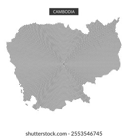 This illustration presents a dot representation of Cambodia, highlighting its geographic outline and features through a unique artistic style.