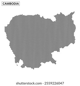 This illustration presents a dot representation of Cambodia, highlighting its geographic outline and features through a unique artistic style.