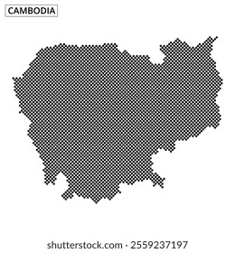 This illustration presents a dot representation of Cambodia, highlighting its geographic outline and features through a unique artistic style.