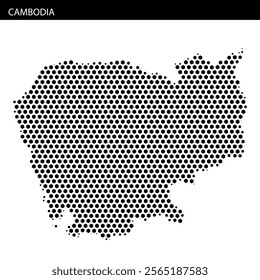 This illustration presents a dot representation of Cambodia, highlighting its geographic outline and features through a unique artistic style.