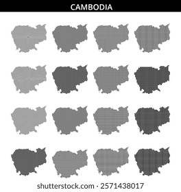 This illustration presents a dot representation of Cambodia, highlighting its geographic outline and features through a unique artistic style.