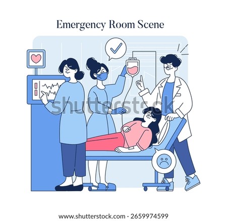 This illustration presents an emergency room scene with healthcare professionals attending to a patient. Nurses and doctors work collaboratively to provide urgent care, emphasizing teamwork and