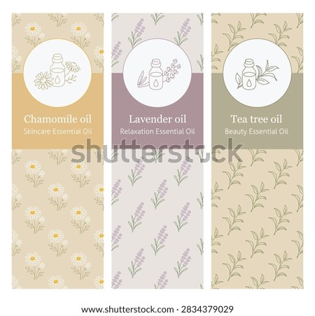 This illustration presents a harmonious collection of three vertical banners, each dedicated to a popular essential oil. Featuring chamomile oil, lavender oil, and tea tree oil, the designs showcase