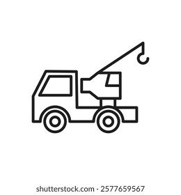 This illustration presents a meticulously crafted outline icon of a crane truck, which effectively symbolizes and represents crucial elements of both the construction and renovation industries