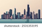  This illustration presents a minimalist yet striking view of the Chicago skyline at sunset. The sun sets behind the city