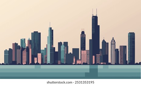  Esta ilustração apresenta uma vista minimalista, mas impressionante, do horizonte de Chicago ao pôr do sol. O sol se põe atrás dos icônicos arranha-céus da cidade, projetando tons suaves de rosa e laranja através do céu.