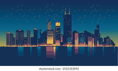  This illustration presents a minimalist yet striking view of the Chicago skyline at night