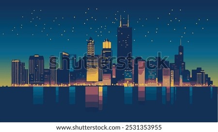  This illustration presents a minimalist yet striking view of the Chicago skyline at night