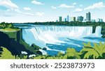 This illustration presents a peaceful and minimalist view of Niagara Falls, capturing the natural beauty and immense power of one of the world