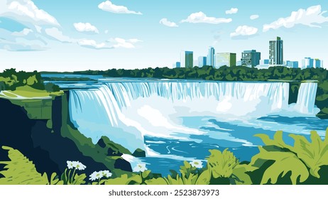 Diese Illustration zeigt einen ruhigen und minimalistischen Blick auf die Niagara-Fälle, die die natürliche Schönheit und immense Kraft eines der berühmtesten Wasserfälle der Welt einfangen