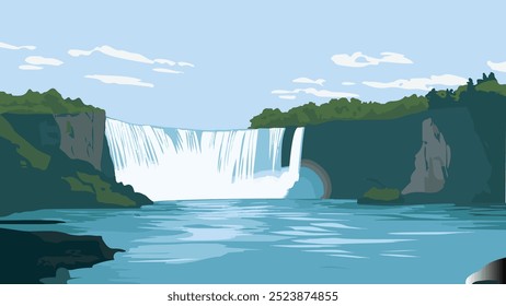 Diese Illustration zeigt einen ruhigen und minimalistischen Blick auf die Niagarafälle mit üppig grünen Bäumen, die die Szene umrahmen. Das ruhige Wasser im Vordergrund steht im Kontrast zur Kraft des fallenden Wassers