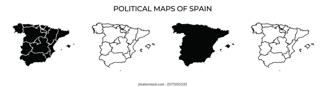 This illustration presents a series of political maps of Spain, highlighting various regional divisions. Each map gradually reveals different layers of the countrys political boundaries.