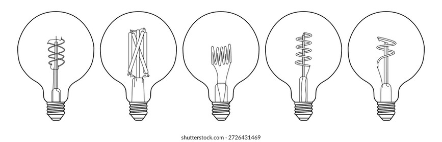 Esta ilustración presenta un conjunto de cinco bombillas Grandes redondas, representadas en un estilo de arte lineal en blanco y negro y aisladas sobre un fondo blanco. Todas las bombillas comparten la misma forma tradicional de vidrio en forma de globo y la base de tornillo, creando una colección armoniosa y visualmente equilibrada adecuada para uso decorativo y técnico.

Mientras que la forma exterior de cada bombilla permanece consistente, los filamentos internos varían significativamente, mostrando diferentes construcciones de filamentos y ritmos visuales. Los diseños incluyen filamentos en espiral envueltos alrededor de una Asistencia central, filamentos lineales cruzados, filamentos en forma de resorte fuertemente enrollados, espirales de Vertical alargadas y disposiciones de filamentos asimétricos. Estas variaciones resaltan la diversidad de tecnologías de filamentos vintage y decorativos mientras mantienen una estética unificada.