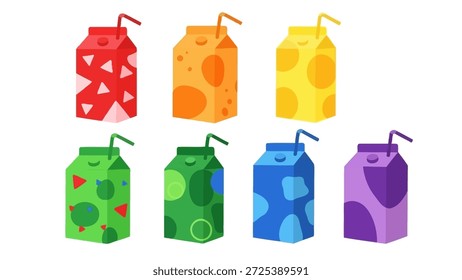 This illustration presents a set of juice boxes, each with a unique color and pattern. The design features a collection of beverages ready to be consumed. Suitable for use in a variety of commercial and editorial projects, this illustration offers a visually appealing representation of refreshment and choice.