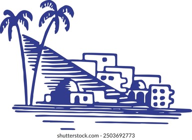This illustration presents a simplified yet charming depiction of a Mediterranean town, rendered in a rich blue tone against a white backdrop