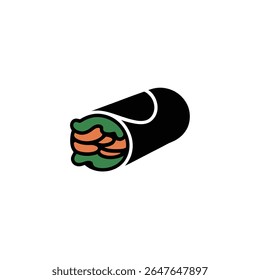 This illustration presents a single burrito, wrapped in black, revealing a filling of green leafy vegetables and orange chunks, set against a clean, white background.