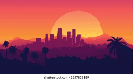 This illustration presents a stunning view of California, specifically showcasing a cityscape at sunset. 