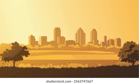 This illustration presents a warm and serene depiction of Kansas City, where the silhouette of the skyline is set against the soft, golden hues of a sunset