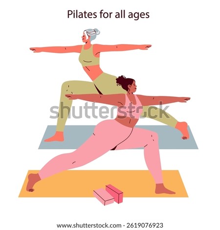 This illustration presents a welcoming scene of two women practicing Pilates, showcasing exercises suitable for all ages. The environment emphasizes inclusivity and the joy of physical fitness.