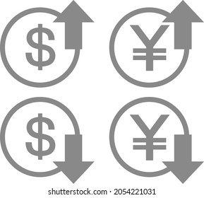 This is an illustration of the price of the yen and the dollar, with arrows and money representing the up and down price movements.