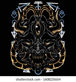 This is an illustration for printing on t-shirts, the design of an illustration of a demon mask with background sacred geometry